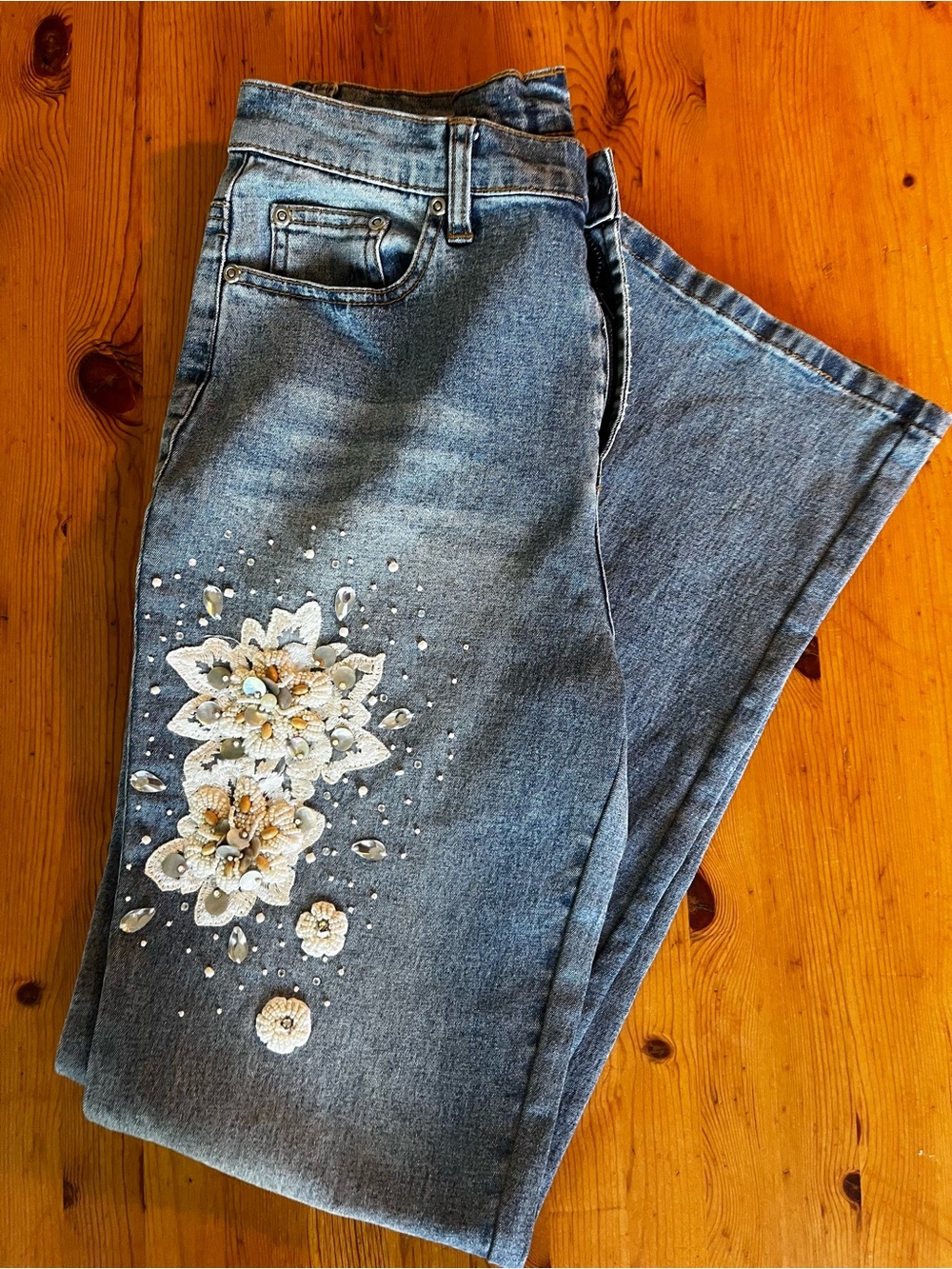 DG2 by Diane Gilman Light Blue Straight Leg Jeans with Floral Embellishment